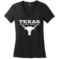 Vintage Texas Distressed Est. 1845 Longhorn Bull = Women's V-Neck T-Shirt