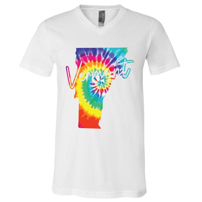 Vermont Tie Dye State Map Pride Hippie Vintage Retro V-Neck T-Shirt