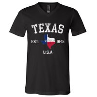 Vintage Texas Est 1845 Texas State Flag Map Texan Pride V-Neck T-Shirt