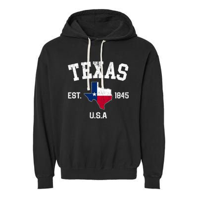 Vintage Texas Est 1845 Texas State Flag Map Texan Pride Garment-Dyed Fleece Hoodie