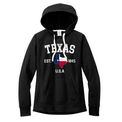 Vintage Texas Est 1845 Texas State Flag Map Texan Pride Women's Fleece Hoodie