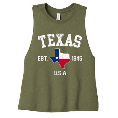 Vintage Texas Est 1845 Texas State Flag Map Texan Pride Women's Racerback Cropped Tank