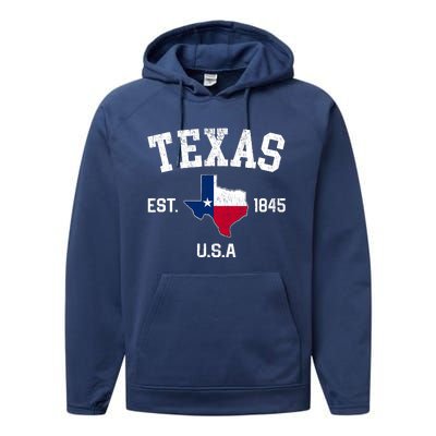 Vintage Texas Est 1845 Texas State Flag Map Texan Pride Performance Fleece Hoodie