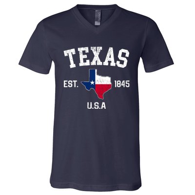 Vintage Texas Est 1845 Texas State Flag Map Texan Pride V-Neck T-Shirt