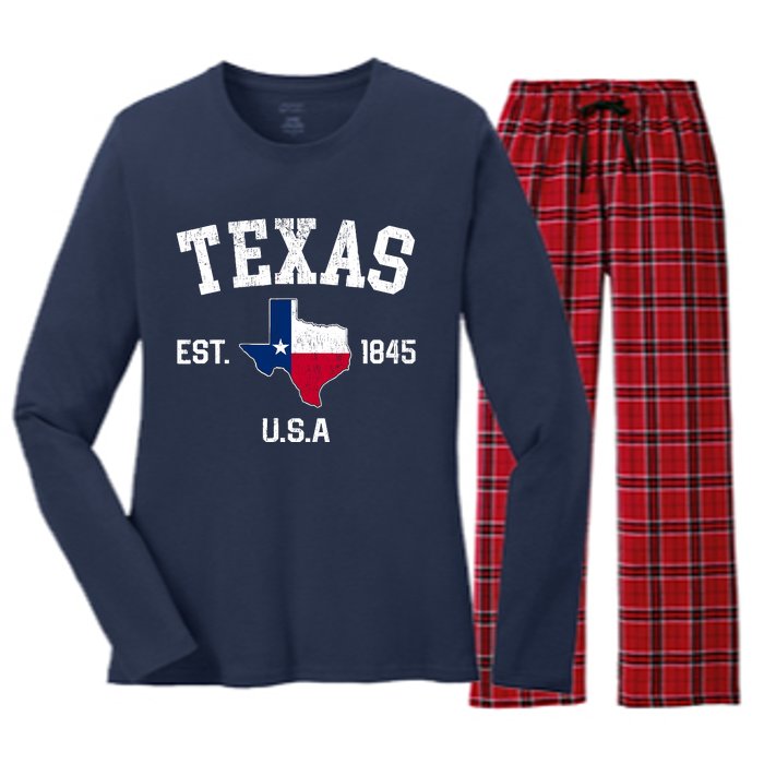 Vintage Texas Est 1845 Texas State Flag Map Texan Pride Women's Long Sleeve Flannel Pajama Set 