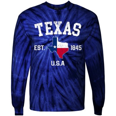 Vintage Texas Est 1845 Texas State Flag Map Texan Pride Tie-Dye Long Sleeve Shirt