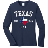 Vintage Texas Est 1845 Texas State Flag Map Texan Pride Ladies Long Sleeve Shirt