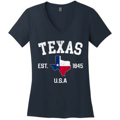 Vintage Texas Est 1845 Texas State Flag Map Texan Pride Women's V-Neck T-Shirt