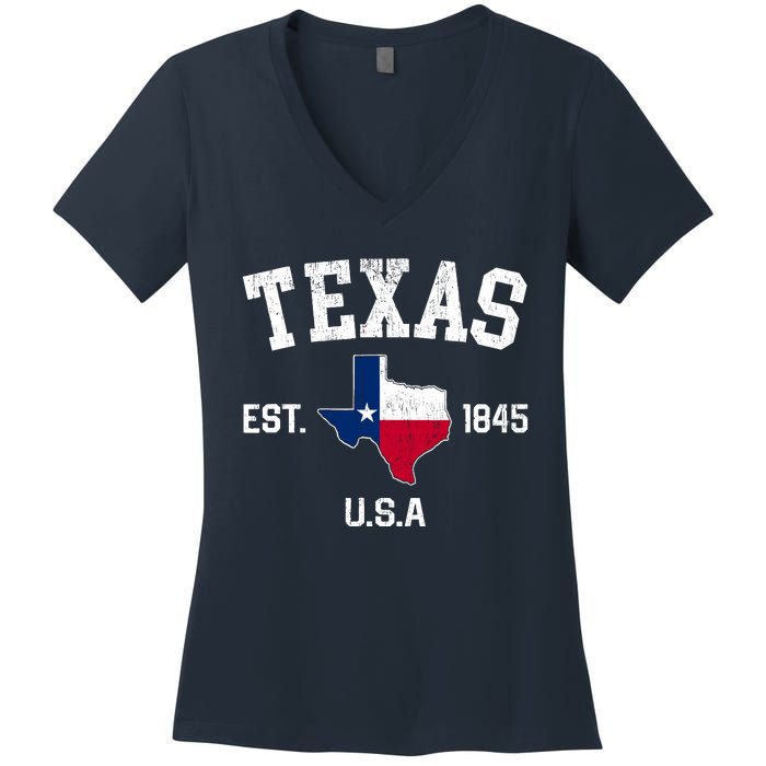 Vintage Texas Est 1845 Texas State Flag Map Texan Pride Women's V-Neck T-Shirt