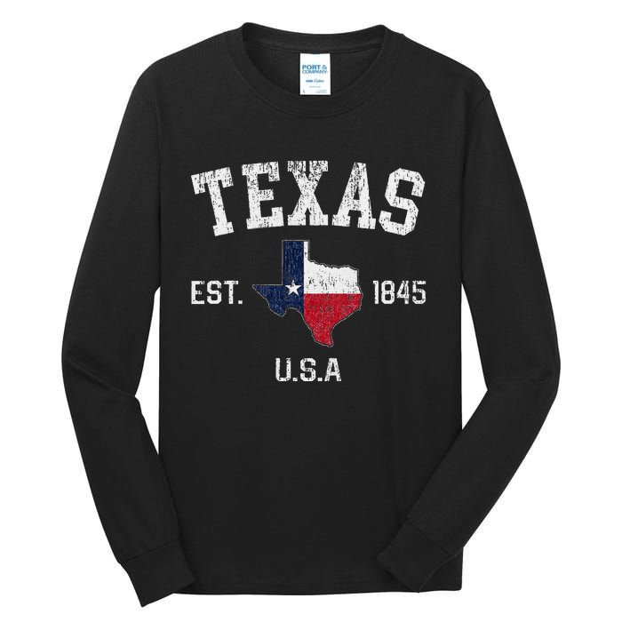 Vintage Texas Est 1845 Texas State Flag Map Texan Pride Tall Long Sleeve T-Shirt