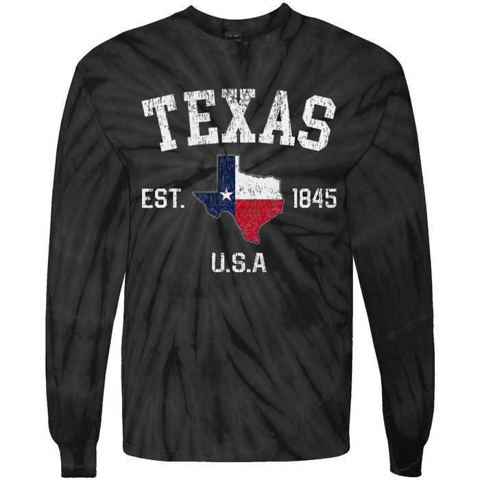 Vintage Texas Est 1845 Texas State Flag Map Texan Pride Tie-Dye Long Sleeve Shirt