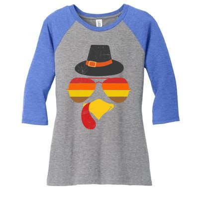 Vintage Turkey Face Glasses Thanksgiving Family Gift Women's Tri-Blend 3/4-Sleeve Raglan Shirt