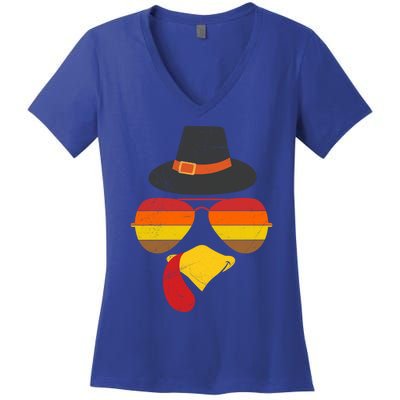 Vintage Turkey Face Glasses Thanksgiving Family Gift Women's V-Neck T-Shirt