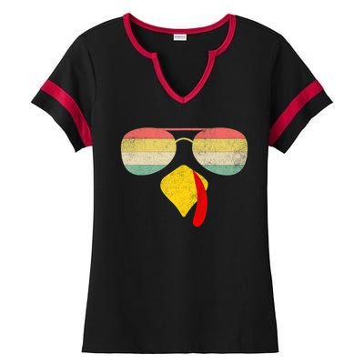 Vintage Turkey Face Thanksgiving With Sunglasses Boys Girls Ladies Halftime Notch Neck Tee