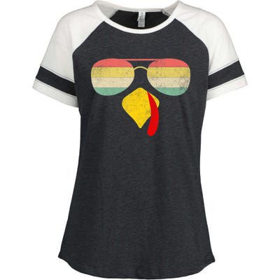 Vintage Turkey Face Thanksgiving With Sunglasses Boys Girls Enza Ladies Jersey Colorblock Tee