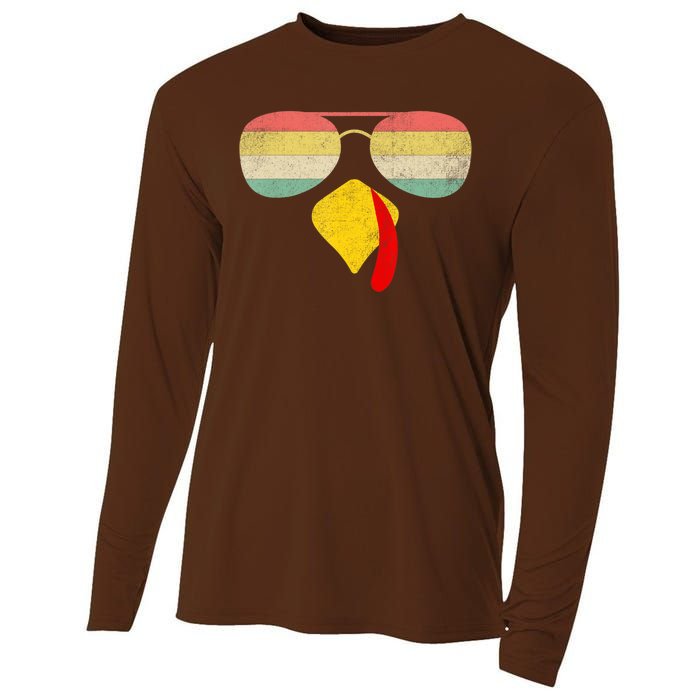 Vintage Turkey Face Thanksgiving With Sunglasses Boys Girls Cooling Performance Long Sleeve Crew