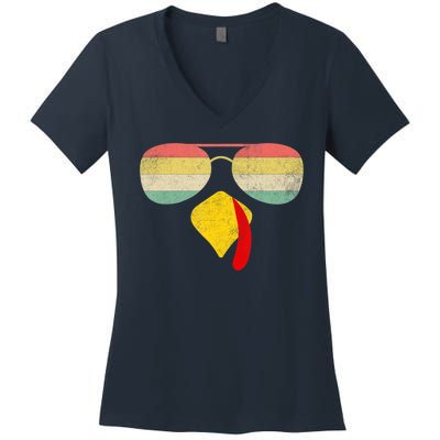 Vintage Turkey Face Thanksgiving With Sunglasses Boys Girls Women's V-Neck T-Shirt