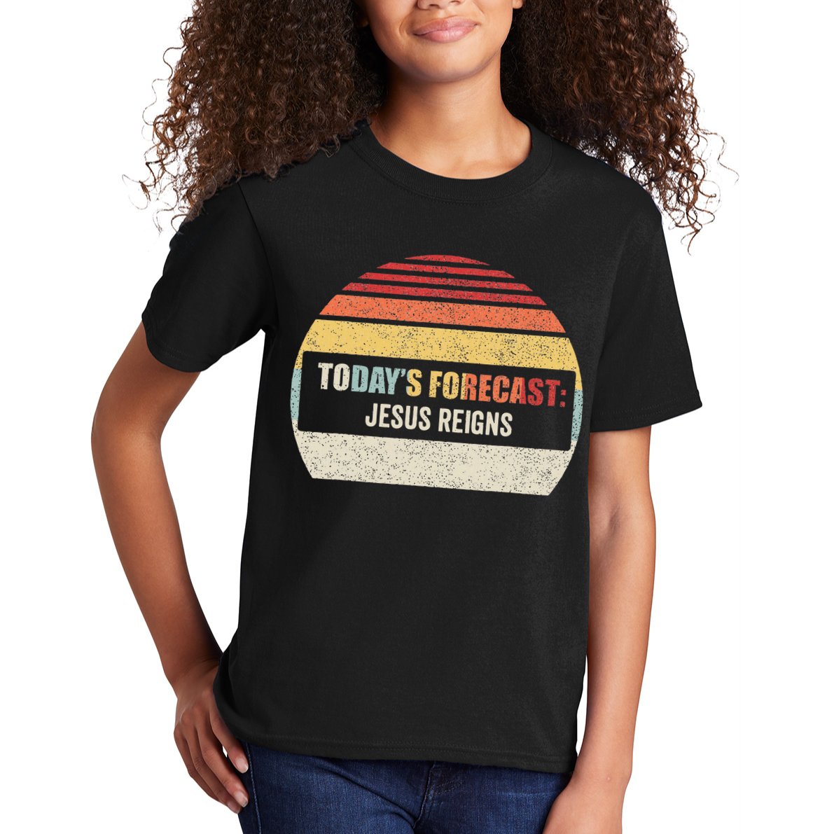 Vintage TodayS Forecast Jesus Reigns Funny Christian Pun Kids T-Shirt