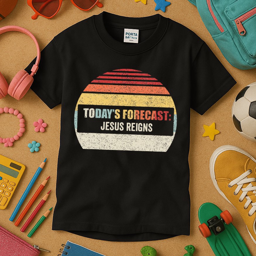 Vintage TodayS Forecast Jesus Reigns Funny Christian Pun Kids T-Shirt
