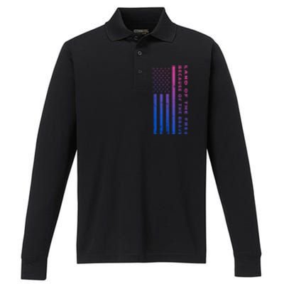 Vintage Thin Grey Line Land Of The Free Because Of The Brave Gift Performance Long Sleeve Polo