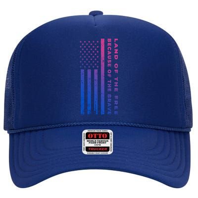 Vintage Thin Grey Line Land Of The Free Because Of The Brave Gift High Crown Mesh Back Trucker Hat