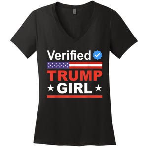 Verified Trump Girl 2024 Patriotic Us Flag Republican Funny Women's V-Neck T-Shirt