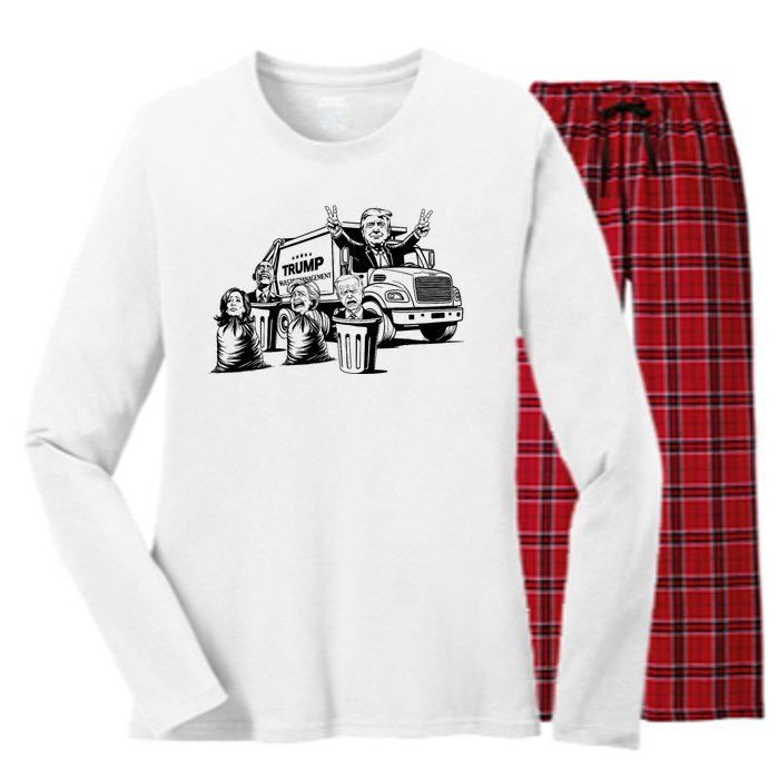 Vintage Trump Garbage Truck Waste Management 47th President Women's Long Sleeve Flannel Pajama Set 