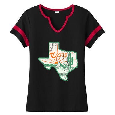 Vintage Texas Home State Map Pride Cactus Texan Retro Rodeo Ladies Halftime Notch Neck Tee