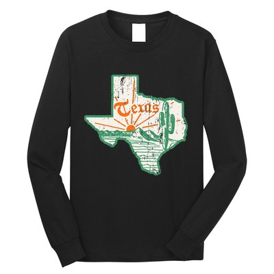 Vintage Texas Home State Map Pride Cactus Texan Retro Rodeo Long Sleeve Shirt