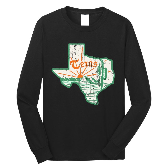 Vintage Texas Home State Map Pride Cactus Texan Retro Rodeo Long Sleeve Shirt