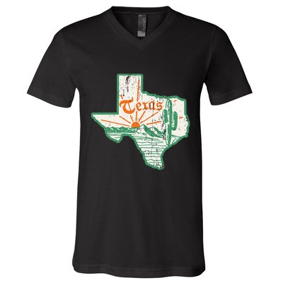 Vintage Texas Home State Map Pride Cactus Texan Retro Rodeo V-Neck T-Shirt