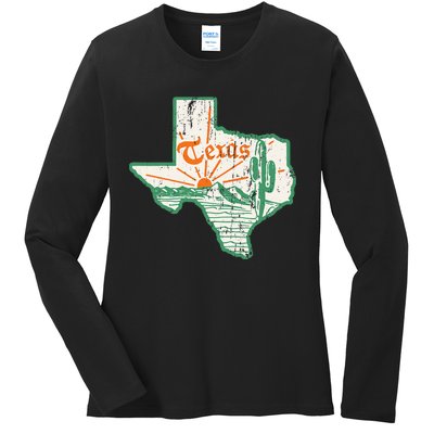 Vintage Texas Home State Map Pride Cactus Texan Retro Rodeo Ladies Long Sleeve Shirt