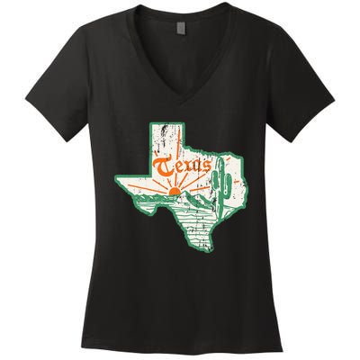 Vintage Texas Home State Map Pride Cactus Texan Retro Rodeo Women's V-Neck T-Shirt