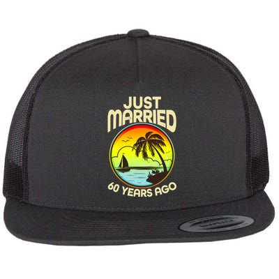 Vintage Tropical Just Married 60 Years Ago Anniversary Flat Bill Trucker Hat