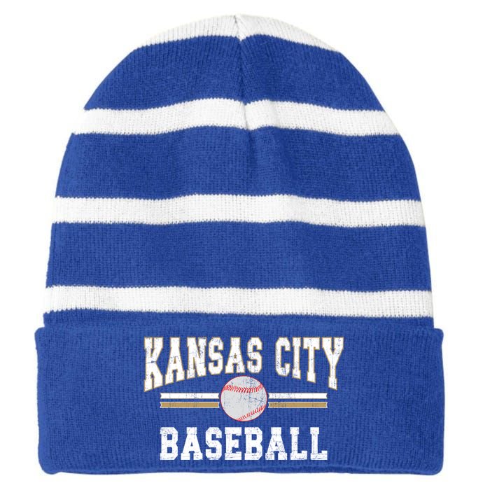 Vintage Team Kansas City Baseball Game Day Great Gift Striped Beanie with Solid Band