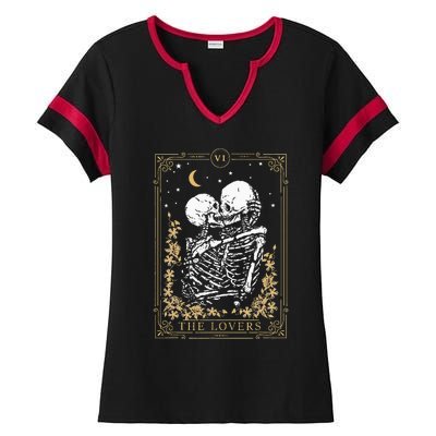 Vintage The Lovers Tarot Card Skeleton Halloween Loves Tarot Ladies Halftime Notch Neck Tee