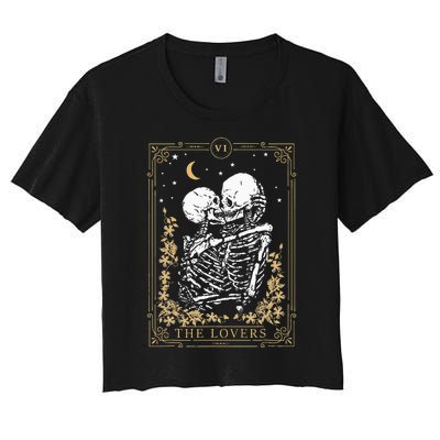 Vintage The Lovers Tarot Card Skeleton Halloween Loves Tarot Women's Crop Top Tee