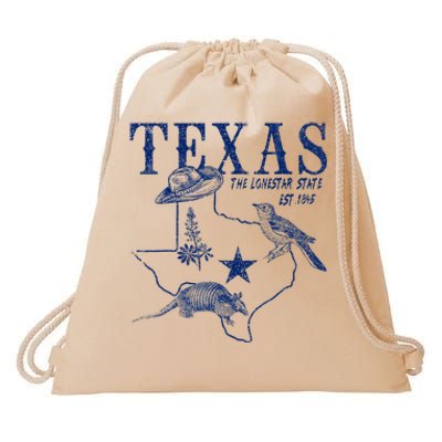 Vintage Texas Mockingbird Lone Star Bluebonnet Armadillo Hat Drawstring Bag