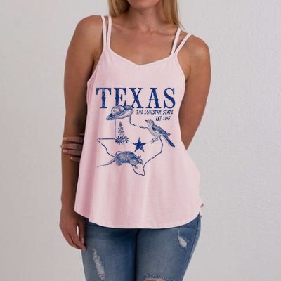 Vintage Texas Mockingbird Lone Star Bluebonnet Armadillo Hat Women's Strappy Tank