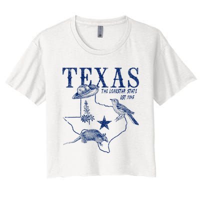 Vintage Texas Mockingbird Lone Star Bluebonnet Armadillo Hat Women's Crop Top Tee