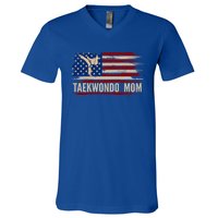 Vintage Taekwondo Mom American Usa Flag Sports The Kick Cool Gift V-Neck T-Shirt