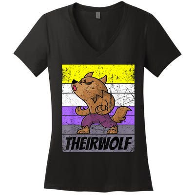 Vintage Theirwolf Nonbinary Pride Non Binary LGBTQ Women's V-Neck T-Shirt