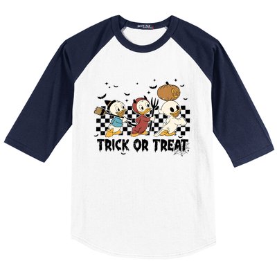 Vintage Trick Or Treat Three Ducks Halloween Funny Duck Spooky Season Baseball Sleeve Shirt