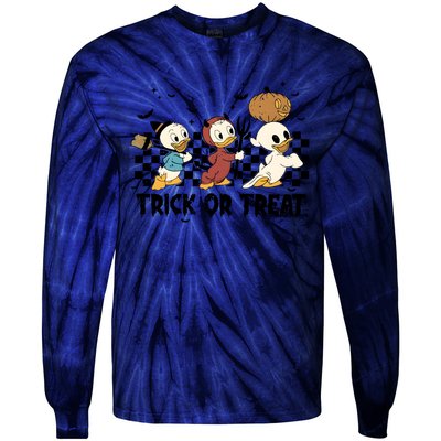 Vintage Trick Or Treat Three Ducks Halloween Funny Duck Spooky Season Tie-Dye Long Sleeve Shirt