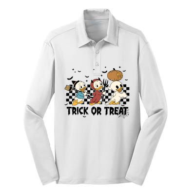 Vintage Trick Or Treat Three Ducks Halloween Funny Duck Spooky Season Silk Touch Performance Long Sleeve Polo