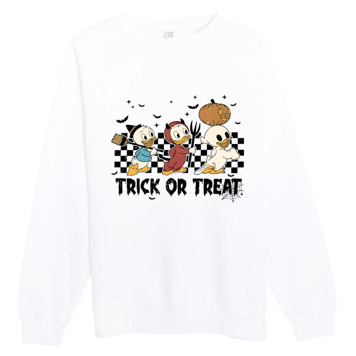 Vintage Trick Or Treat Three Ducks Halloween Funny Duck Spooky Season Premium Crewneck Sweatshirt