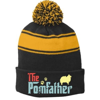 Vintage The Pomfather Happy Fathers Day Pomeranian Lover Stripe Pom Pom Beanie