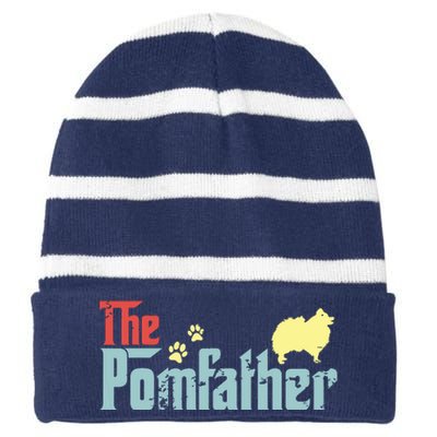 Vintage The Pomfather Happy Fathers Day Pomeranian Lover Striped Beanie with Solid Band