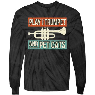 Vintage Trumpet Player Design Cat Lover Trumpeter I Pet Cats Tie-Dye Long Sleeve Shirt