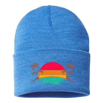 Vintage Tropical Palm Trees Sunset Sunrise Sustainable Knit Beanie